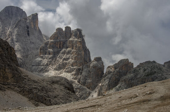 Torri del Vajolet and Catinaccio amazing peaks as seen from Antermoia pass in Catinaccio mountain massif, above Vajolet valley and Principe pass, Dolomites, South Tirol, Italy.