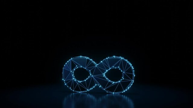 3d rendering 4k fly through wireframe neon glowing symbol of infinity sign with bright dots on dark background with blured reflection on floor