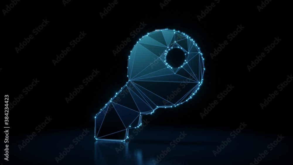 Poster 3d rendering 4k fly through wireframe neon glowing symbol of key with bright dots on dark background