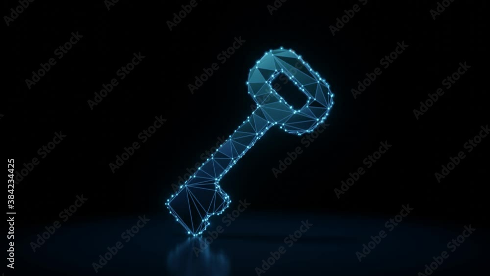 Poster 3d rendering 4k fly through wireframe neon glowing symbol of key with bright dots on dark background