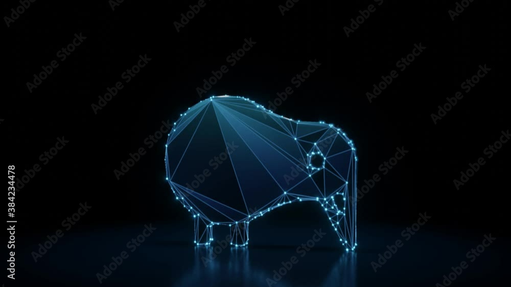 Poster 3d rendering 4k fly through wireframe neon glowing symbol of kiwi bird with bright dots on dark back