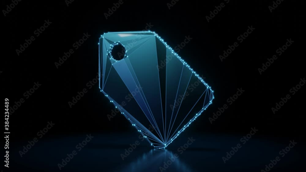 Poster 3d rendering 4k fly through wireframe neon glowing symbol of label with holding hole with bright dot