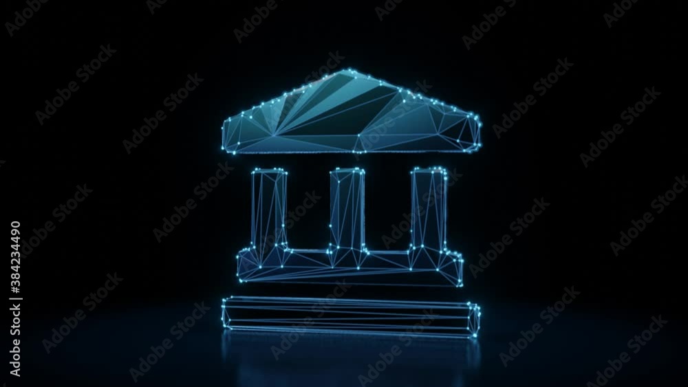 Poster 3d rendering 4k fly through wireframe neon glowing symbol of ancient greek temple with bright dots o