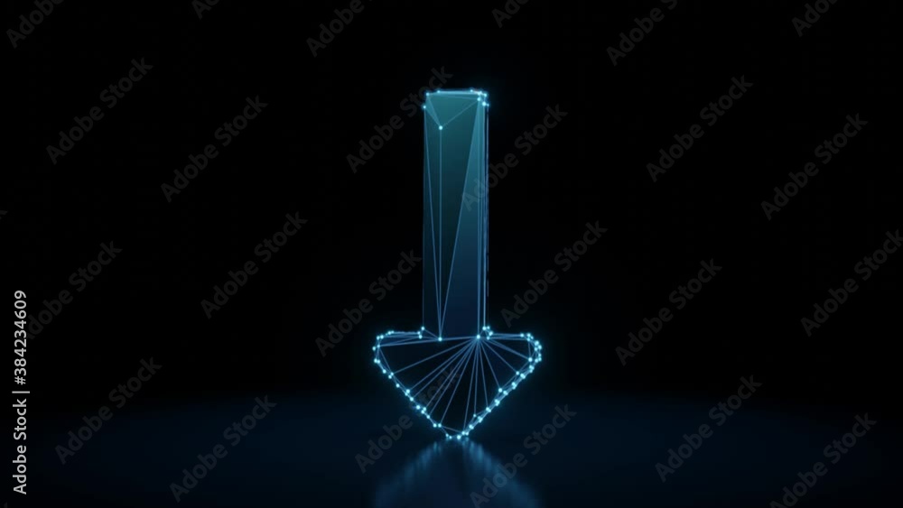 Poster 3d rendering 4k fly through wireframe neon glowing symbol of long down arrow with bright dots on dar