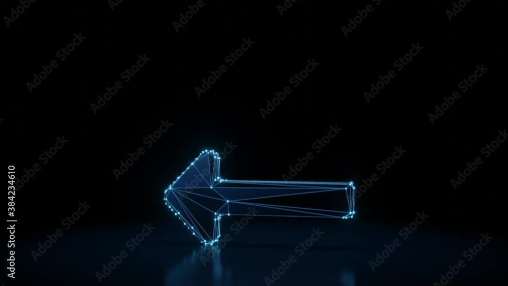 Poster 3d rendering 4k fly through wireframe neon glowing symbol of long left arrow with bright dots on dar