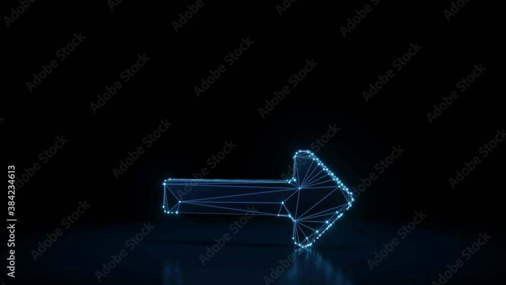Poster 3d rendering 4k fly through wireframe neon glowing symbol of long right arrow with bright dots on da