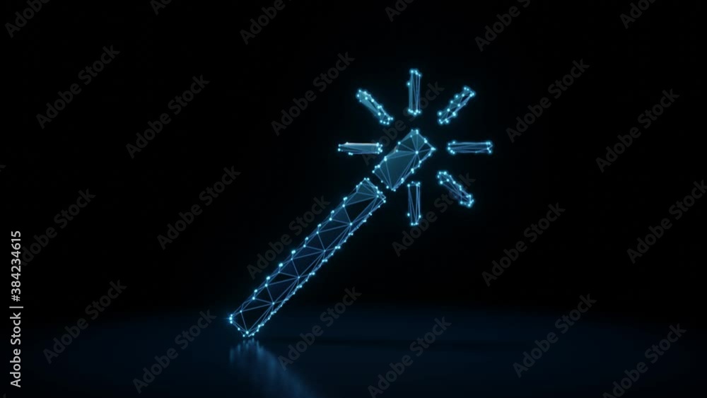 Poster 3d rendering 4k fly through wireframe neon glowing symbol of magic wand with bright dots on dark bac