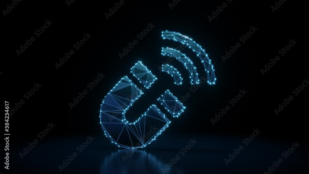 Poster 3d rendering 4k fly through wireframe neon glowing symbol of horseshoe magnet with magnetic wires wi