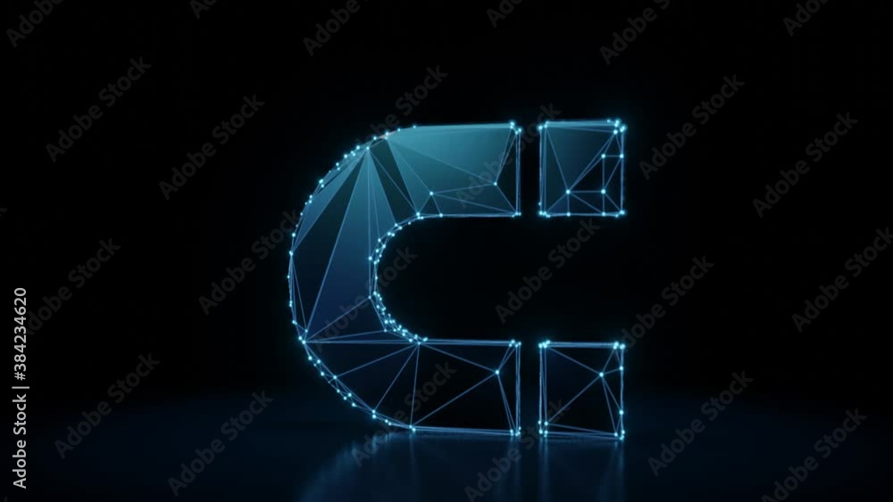 Poster 3d rendering 4k fly through wireframe neon glowing symbol of horseshoe magnet with bright dots on da
