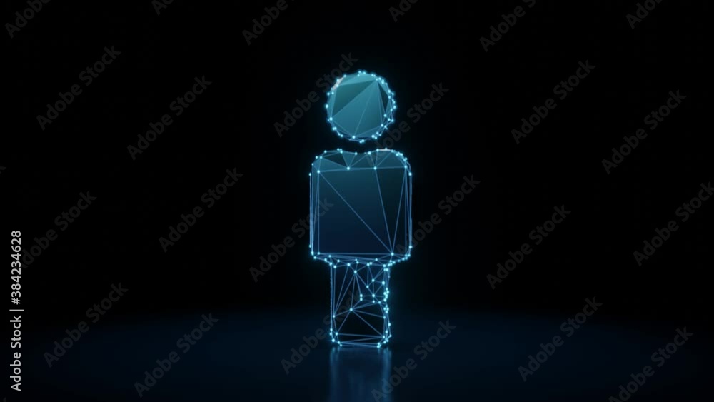 Poster 3d rendering 4k fly through wireframe neon glowing symbol of male figure with bright dots on dark ba
