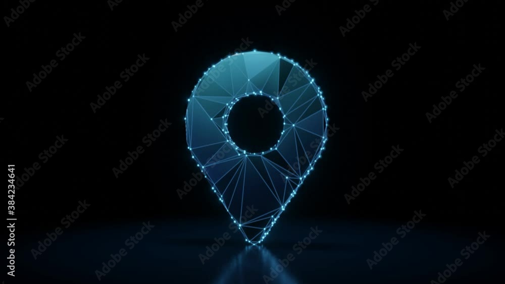 Aufkleber 3d rendering 4k fly through wireframe neon glowing symbol of map placeholder with bright dots on dar
