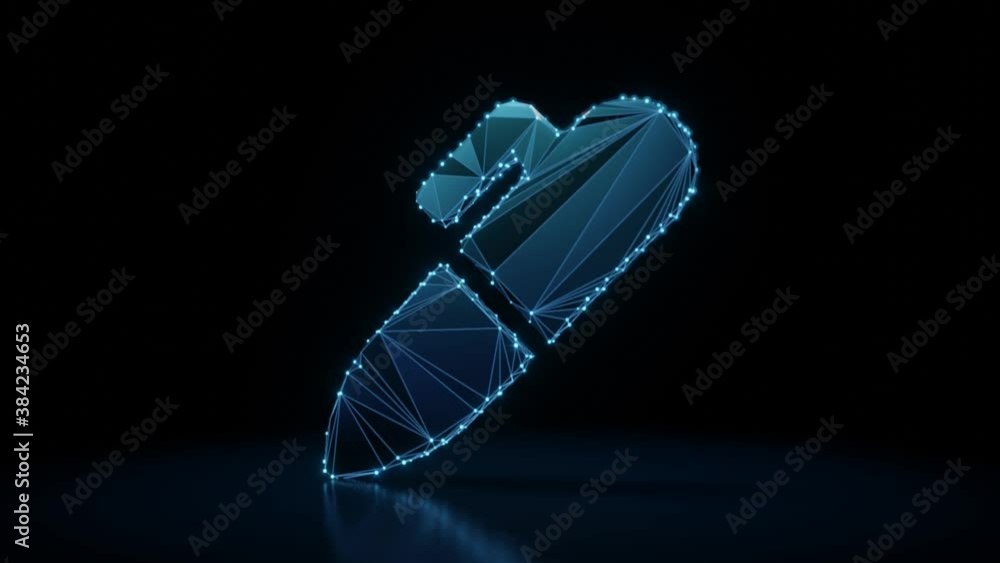 Poster 3d rendering 4k fly through wireframe neon glowing symbol of pen with lid with bright dots on dark b