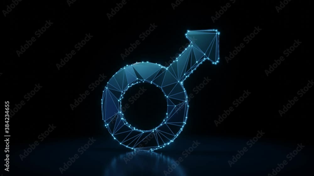 Poster 3d rendering 4k fly through wireframe neon glowing symbol of mars symbol with bright dots on dark ba
