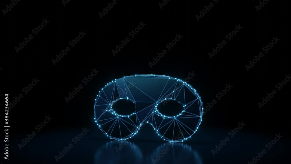 Poster 3d rendering 4k fly through wireframe neon glowing symbol of carnival mask with bright dots on dark 