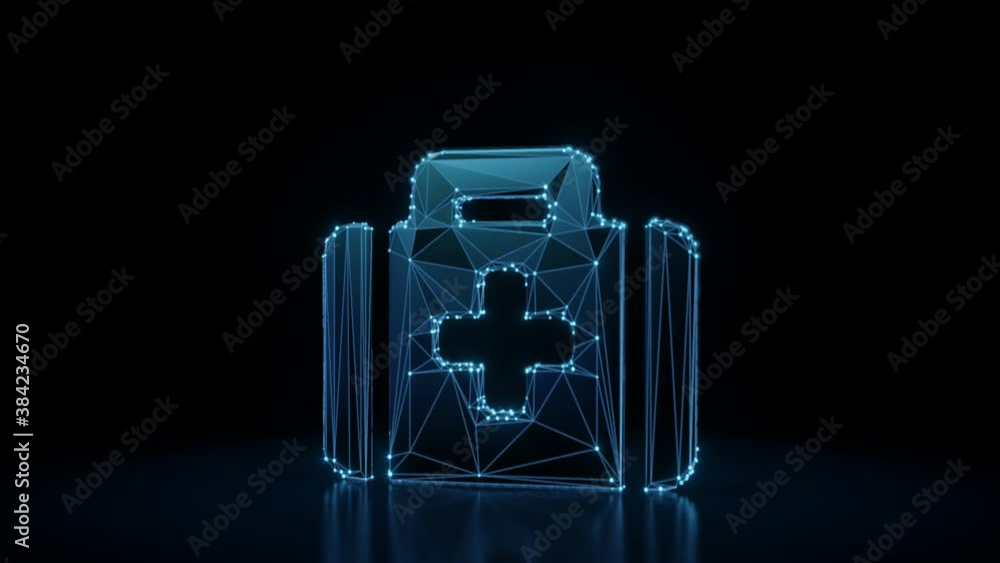 Poster 3d rendering 4k fly through wireframe neon glowing symbol of medical bag with cross with bright dots