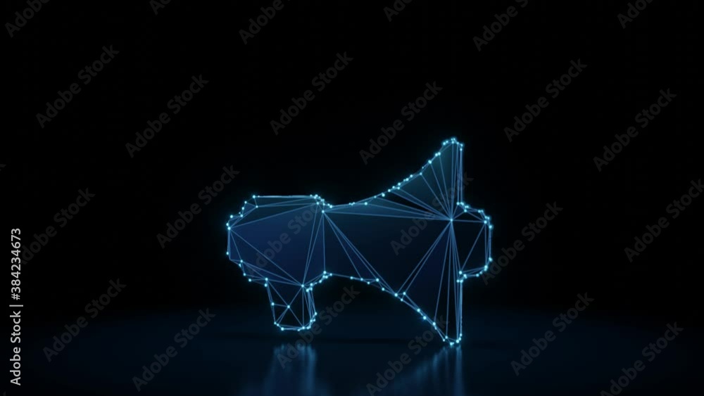 Poster 3d rendering 4k fly through wireframe neon glowing symbol of megaphone with bright dots on dark back