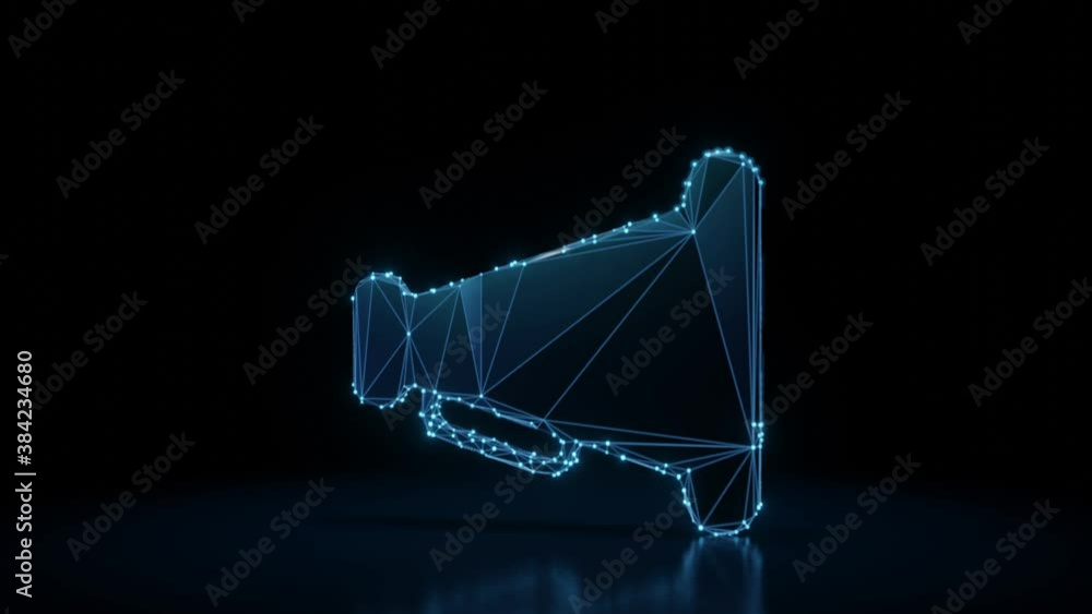 Poster 3d rendering 4k fly through wireframe neon glowing symbol of old megaphone with handle with bright d