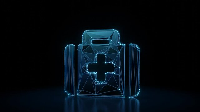 3d rendering 4k fly through wireframe neon glowing symbol of medical bag with cross with bright dots on dark background with blured reflection on floor
