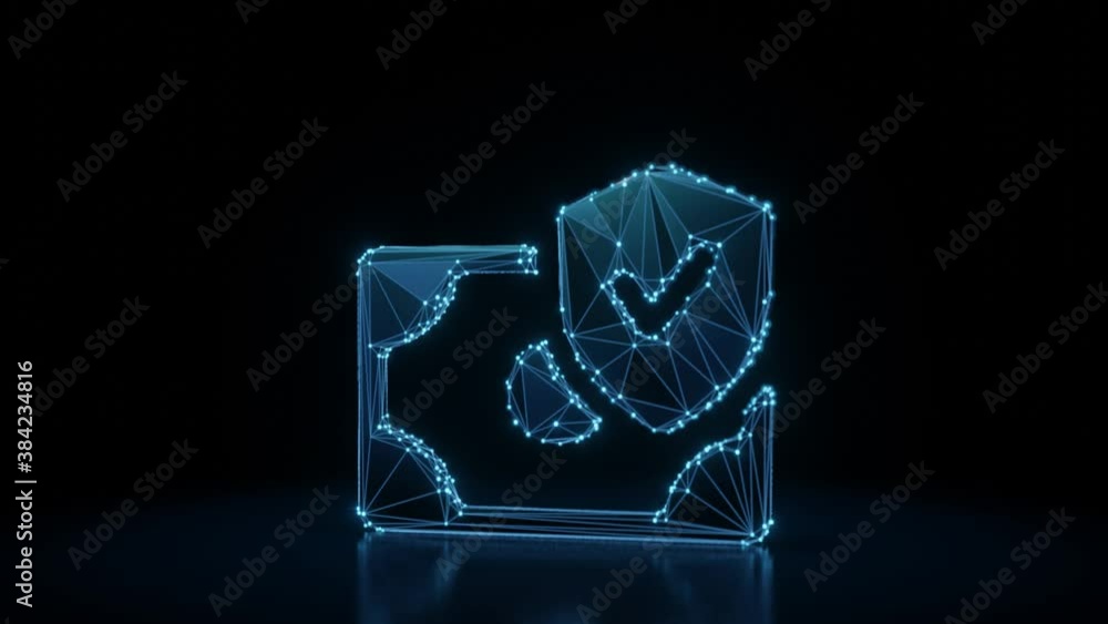 Poster 3d rendering 4k fly through wireframe neon glowing symbol of banknote with shield and check sign wit