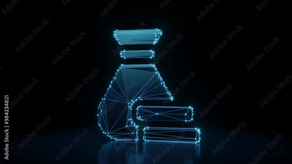 Poster 3d rendering 4k fly through wireframe neon glowing symbol of money bag and two packs of banknotes wi