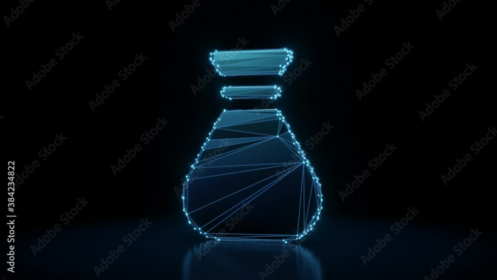 Poster 3d rendering 4k fly through wireframe neon glowing symbol of money bag with bright dots on dark back
