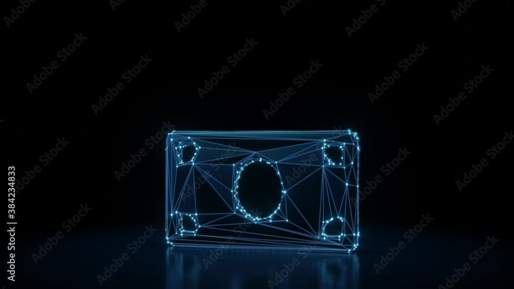 Poster 3d rendering 4k fly through wireframe neon glowing symbol of inverse banknote with bright dots on da