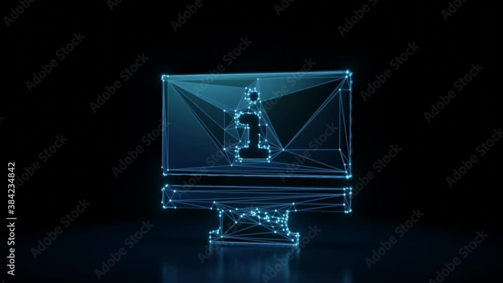 Poster 3d rendering 4k fly through wireframe neon glowing symbol of monitor with information symbol on scre