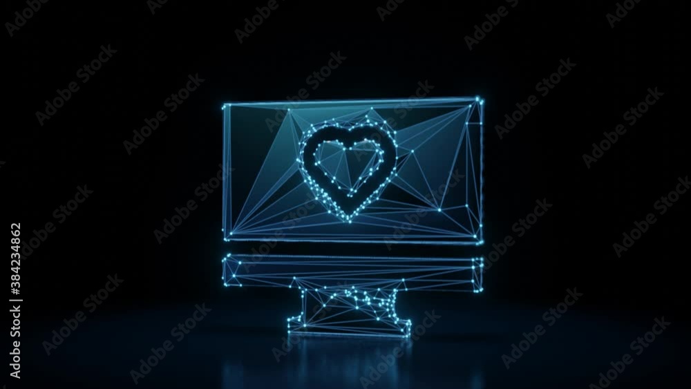 Poster 3d rendering 4k fly through wireframe neon glowing symbol of monitor with heart on screen with brigh
