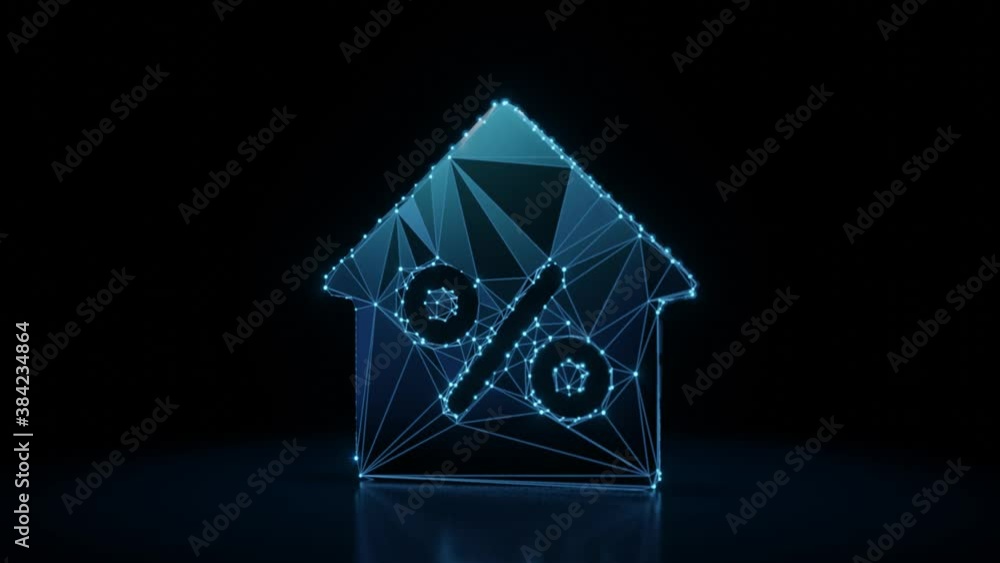 Poster 3d rendering 4k fly through wireframe neon glowing symbol of house with percent symbol inside with b