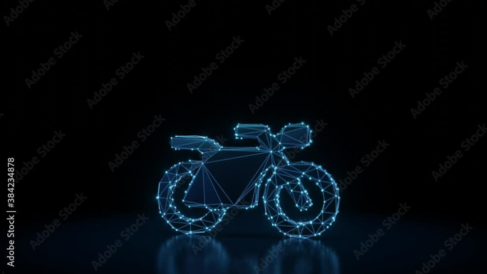 Poster 3d rendering 4k fly through wireframe neon glowing symbol of motorcycle with bright dots on dark bac
