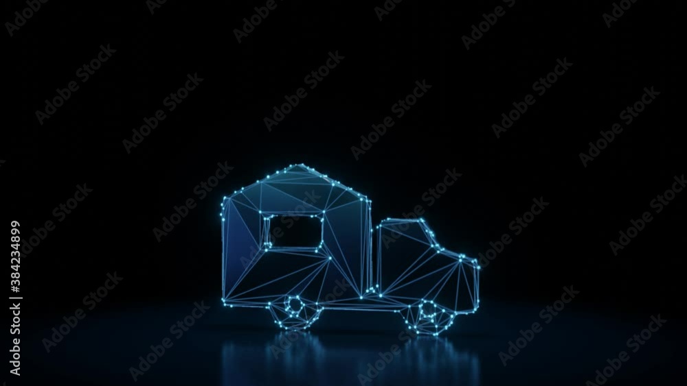 Poster 3d rendering 4k fly through wireframe neon glowing symbol of moving car with bright dots on dark bac