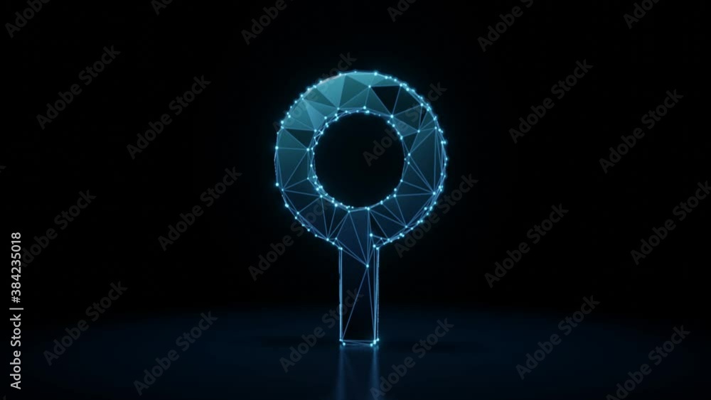 Poster 3d rendering 4k fly through wireframe neon glowing symbol of handheld metal detector with bright dot