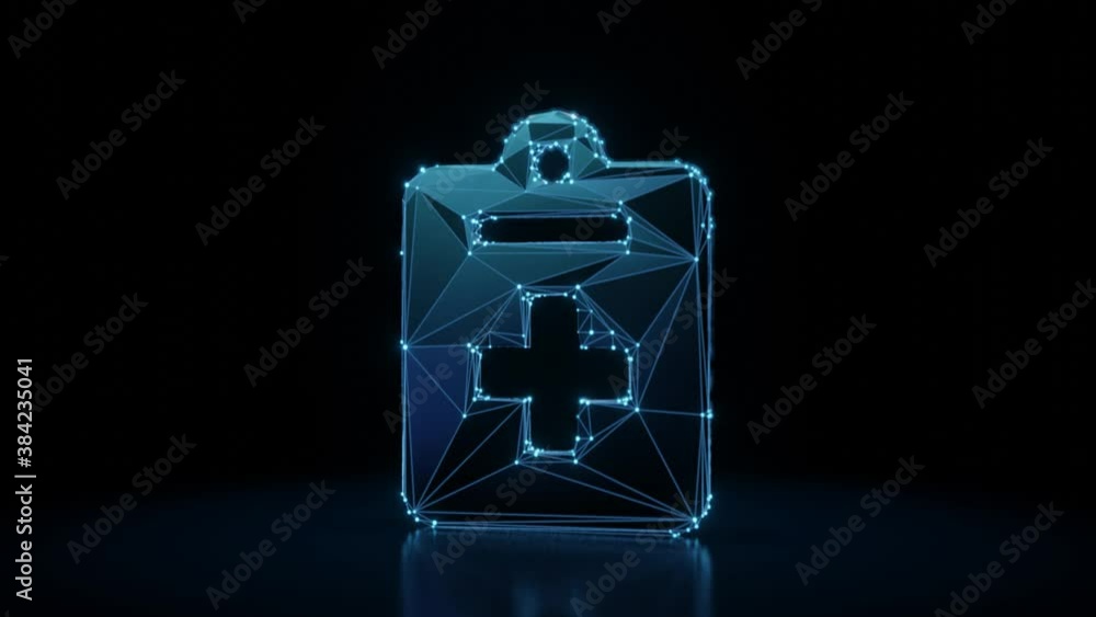 Poster 3d rendering 4k fly through wireframe neon glowing symbol of medical notes with cross with bright do