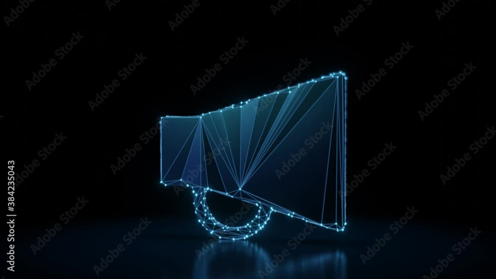 Poster 3d rendering 4k fly through wireframe neon glowing symbol of megaphone with bright dots on dark back