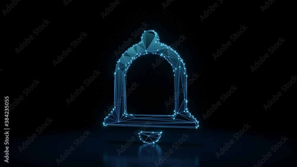 Poster 3d rendering 4k fly through wireframe neon glowing symbol of bell with bright dots on dark backgroun