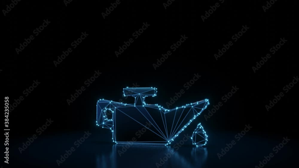 Poster 3d rendering 4k fly through wireframe neon glowing symbol of oil can with bright dots on dark backgr