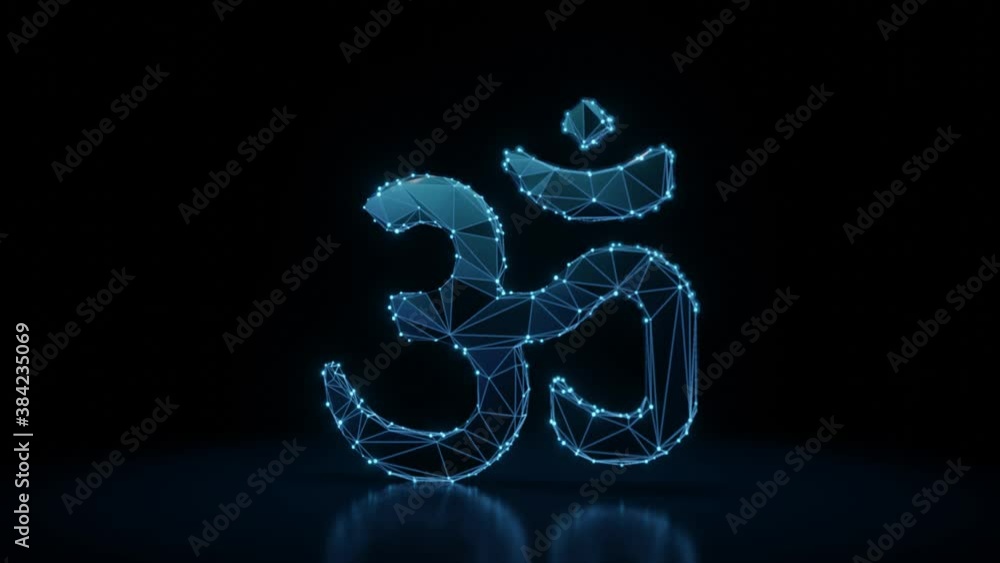 Poster 3d rendering 4k fly through wireframe neon glowing symbol of om symbol with bright dots on dark back