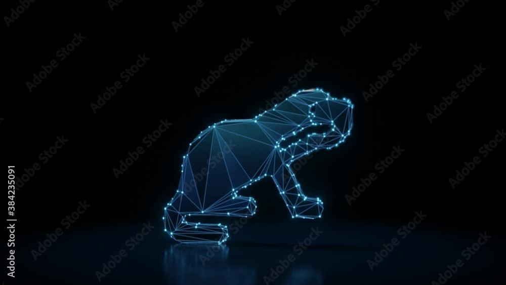 Poster 3d rendering 4k fly through wireframe neon glowing symbol of otter from profile with bright dots on 
