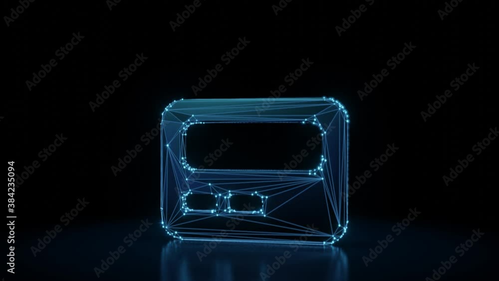 Poster 3d rendering 4k fly through wireframe neon glowing symbol of pager with bright dots on dark backgrou