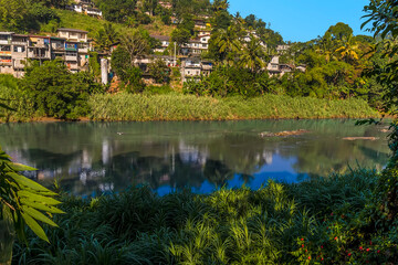 A view across the Mahaweli river from the Botanical gardens at Peradeniya, Kandy, Sri Lanka, Asia