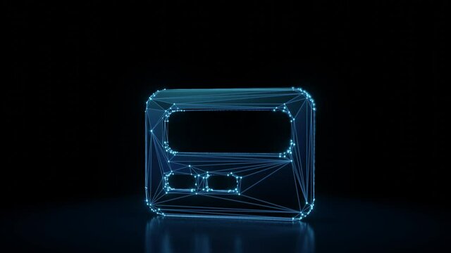3d rendering 4k fly through wireframe neon glowing symbol of pager with bright dots on dark background with blured reflection on floor