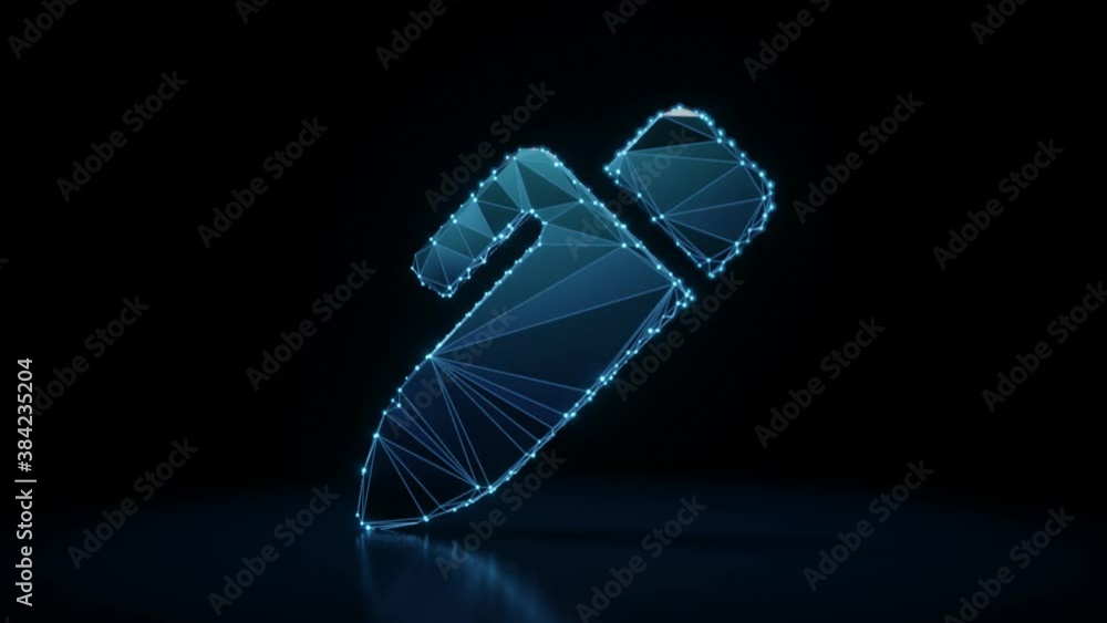 Poster 3d rendering 4k fly through wireframe neon glowing symbol of pen with holder with bright dots on dar