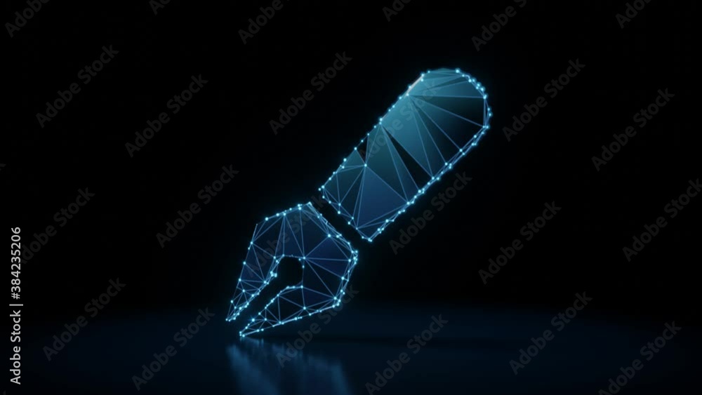 Poster 3d rendering 4k fly through wireframe neon glowing symbol of pen fancy with bright dots on dark back