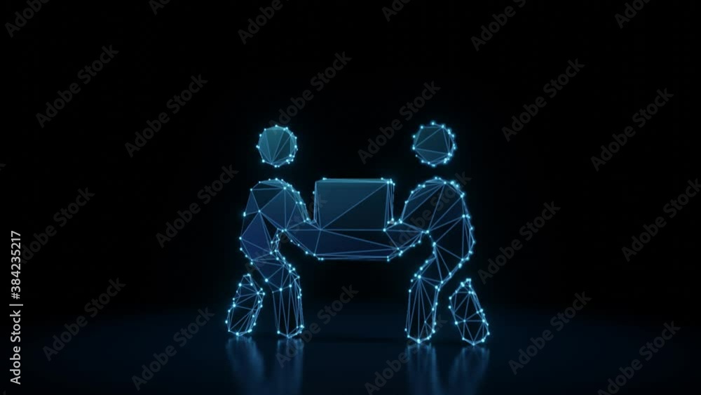 Poster 3d rendering 4k fly through wireframe neon glowing symbol of two people carry box with bright dots o