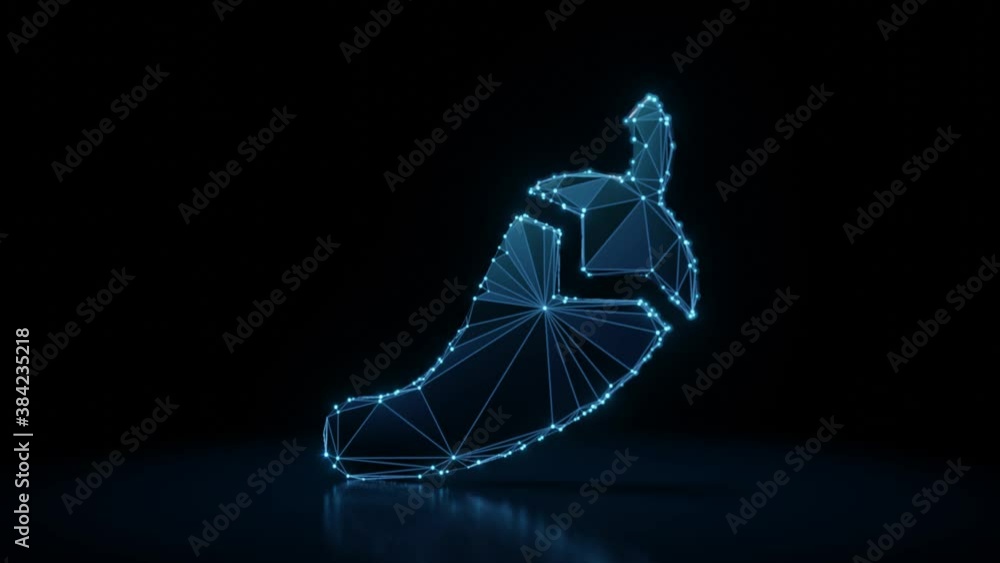 Poster 3d rendering 4k fly through wireframe neon glowing symbol of pepper hot with bright dots on dark bac