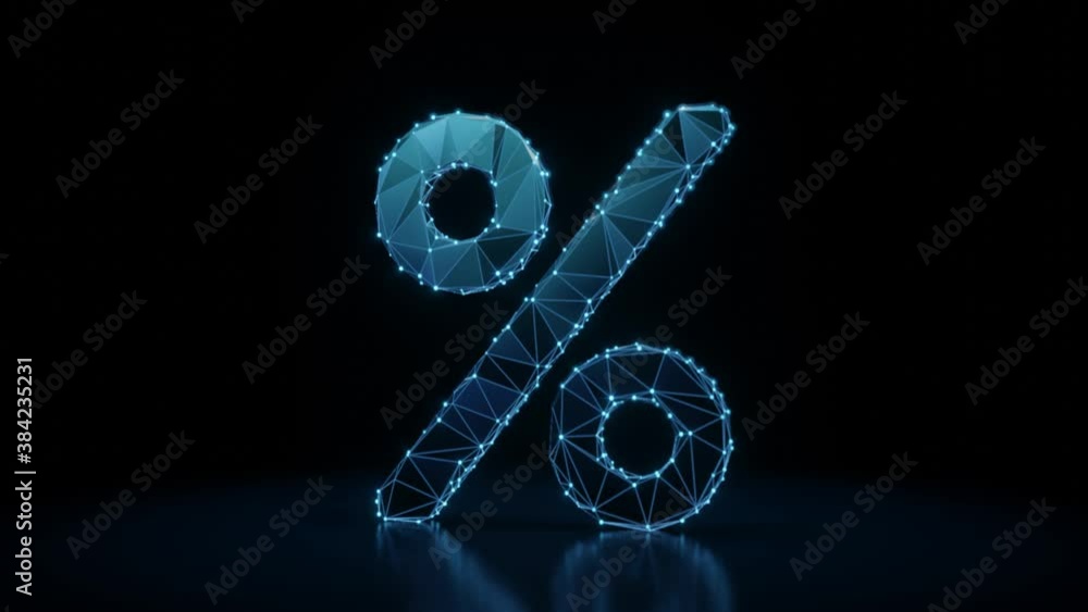 Poster 3d rendering 4k fly through wireframe neon glowing symbol of percentage symbol with bright dots on d