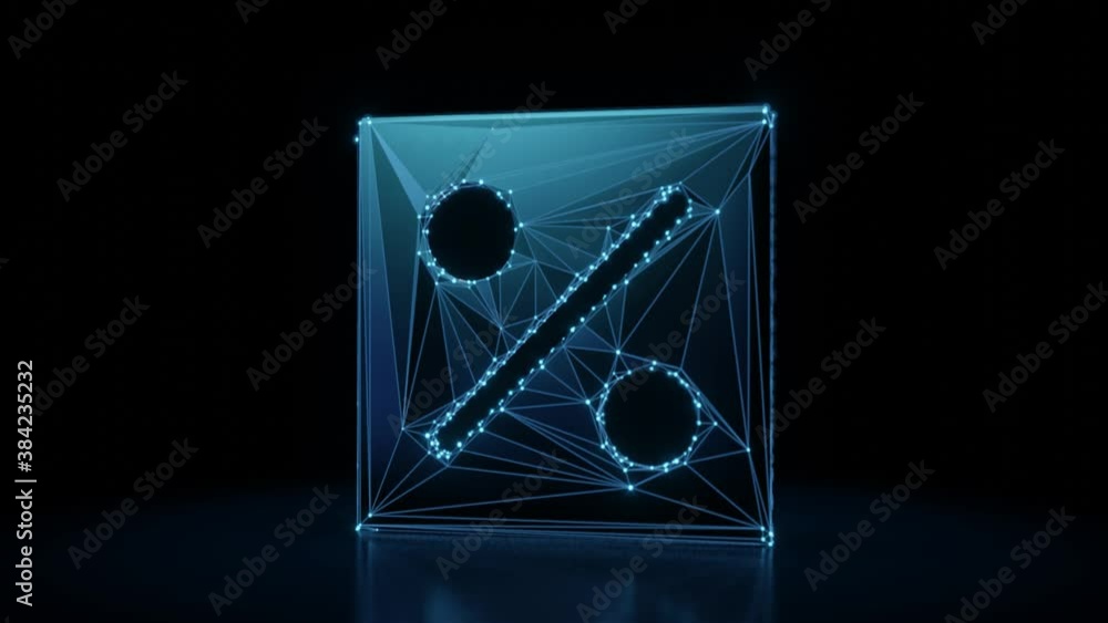 Poster 3d rendering 4k fly through wireframe neon glowing symbol of percentage symbol in square with bright