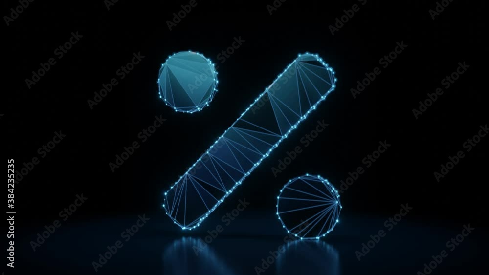 Poster 3d rendering 4k fly through wireframe neon glowing symbol of bold percentage symbol with bright dots