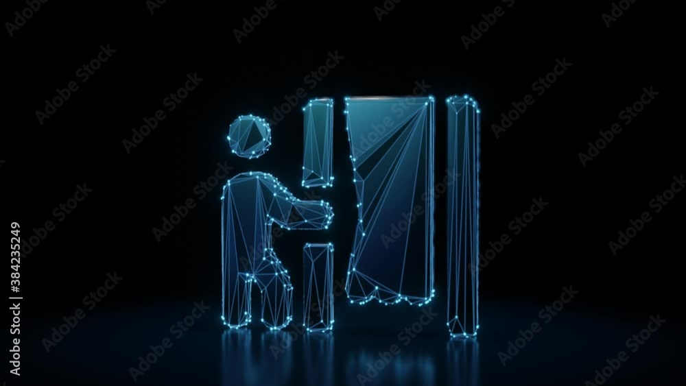 Aufkleber 3d rendering 4k fly through wireframe neon glowing symbol of person and cabin with curtain with brig