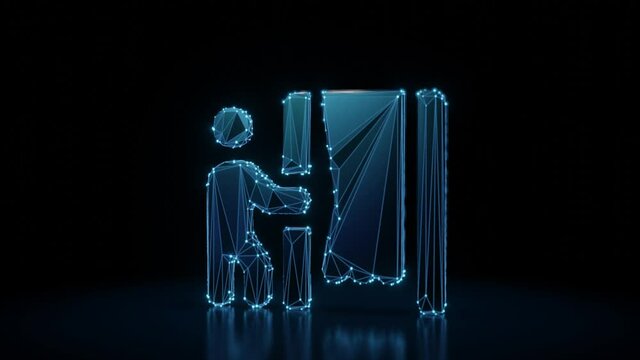 3d rendering 4k fly through wireframe neon glowing symbol of person and cabin with curtain with bright dots on dark background with blured reflection on floor
